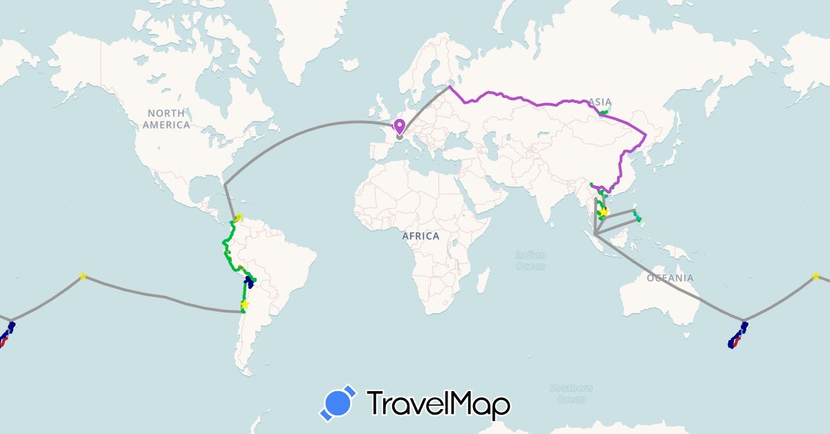 TravelMap itinerary: driving, bus, plane, cycling, train, hiking, boat, motorbike, jeepney, on lève le pouce !, colectivo in Australia, Bolivia, Chile, China, Colombia, Ecuador, France, Cambodia, Laos, Malaysia, New Zealand, Peru, French Polynesia, Philippines, Russia, United States, Vietnam (Asia, Europe, North America, Oceania, South America)